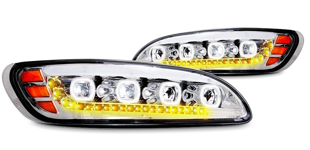 Peterbilt 386/387 LED Headlight Chrome w/Halo & Sequential Turn Signal (Driver)